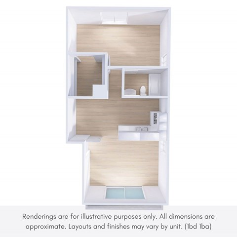 A rendering of a house layout with a kitchen, living room, and bathroom.